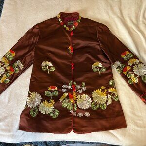 100% Silk Korean Brown Embroidered Tunic Top Jacket